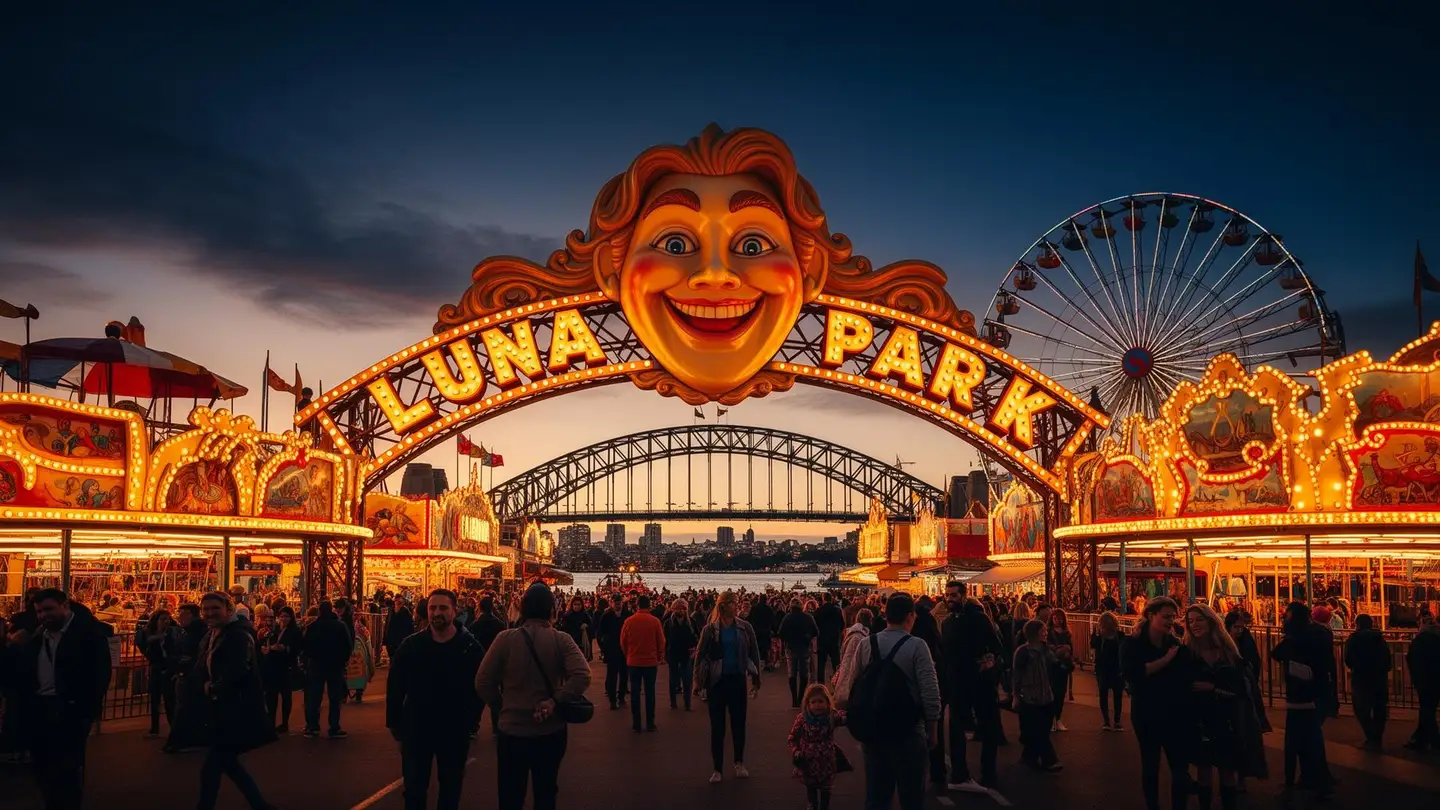 Luna Park Sydney entrance with Harbour Bridge backdrop at sunset